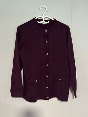 Deep Purple Embroidered Button-Up Cardigan